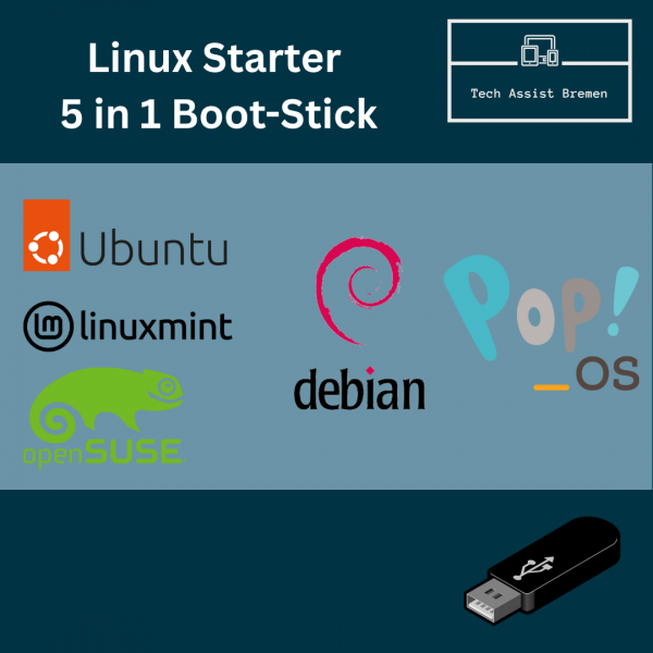 5-in-1 Linux USB Stick 32GB – Ubuntu, Mint, Pop!_OS u. mehr, für ältere PCs (BIOS & UEFI)
